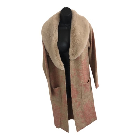 Tan & pink glam oversized faux fur collar open front long cardigan size small - Picture 1 of 14